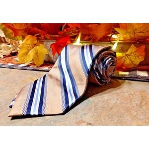 JOS A BANK SIGNATURE COLLECTION TIE 100% SILK HAND MADE STRIPPED BLUE & KAHKI